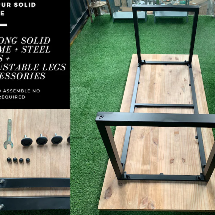 Rustic Industrial Solid Wood Dining Table / Desk / Work Table - Chunky Timber / Steel Legs (Square Legs) - 1.5m (150cm) / 1.8m (180cm) / 2m(200cm) c/w Black Square Box Legs x 2 4-8 Persons - WAVEY LIVE EDGE