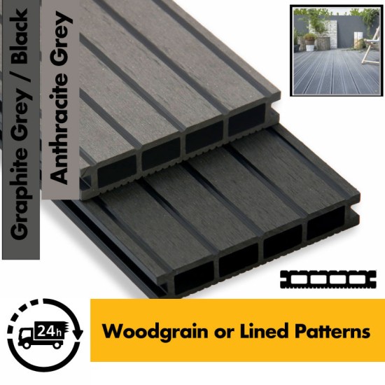 SAMPLE Composite Decking - Premium Grey / Black / Ash / Brown / Anthracite Grey Wood Grain Effect 3m - Plastic Decking PVC Decking WPC Decking Hollow Garden Exterior Decking Boards 