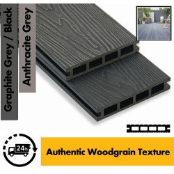 Composite Decking Board  Premium (Authentic Woodgrain Texture) - Anthracite Grey / Black  Wood Grain Effect 3m - Plastic Decking PVC Decking WPC Decking Hollow Garden Exterior Decking Boards 