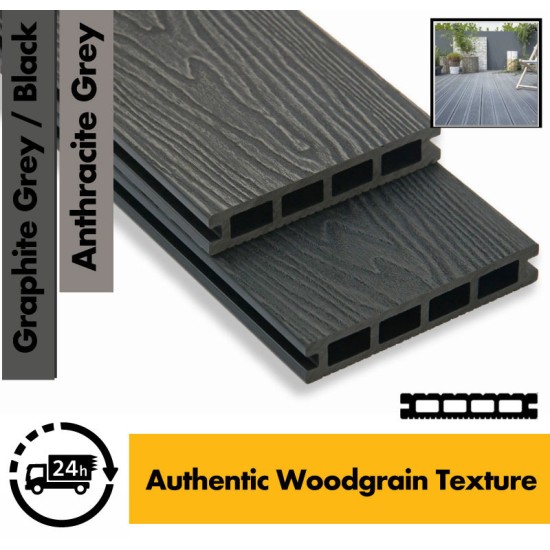Composite Decking Board  Premium (Authentic Woodgrain Texture) - Anthracite Grey / Black  Wood Grain Effect 3m - Plastic Decking PVC Decking WPC Decking Hollow Garden Exterior Decking Boards 