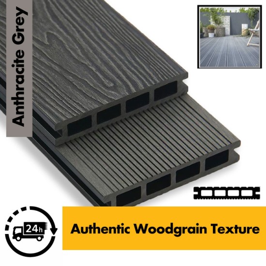 Composite Decking Board  Premium (Authentic Woodgrain Texture) - Anthracite Grey / Black  Wood Grain Effect 3m - Plastic Decking PVC Decking WPC Decking Hollow Garden Exterior Decking Boards 