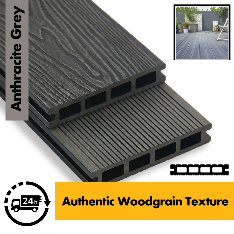 SAMPLE Composite Decking - Premium Grey / Black / Ash / Brown / Anthracite Grey Wood Grain Effect 3m - Plastic Decking PVC Decking WPC Decking Hollow Garden Exterior Decking Boards SAMPLE Composite Decking - Premium Grey / Black / Ash / Brown / Anthracite Grey Wood Grain Effect 3m - Plastic Decking PVC Decking WPC Decking Hollow Garden Exterior Decking Boards