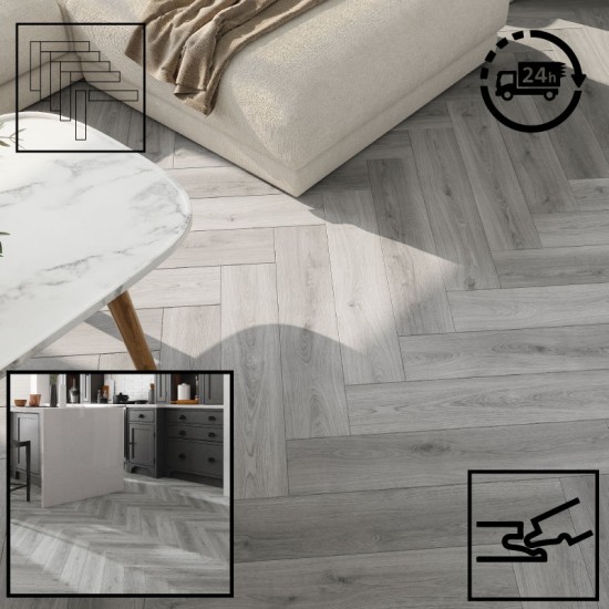 **SAMPLE ONLY** SPC Herringbone Click Flooring (Grey Oak) 5mm + 1mm Underlay Layer - Vinyl Tile - Rigid Core Stone Polymer Composite Waterproof Click Tonge & Groove Luxury Vinyl Tile Flooring Grey Oak