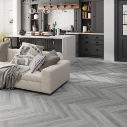 SPC Herringbone Click Flooring (Grey Oak) 5mm + 1mm Underlay Layer  Sold per Sq M - Vinyl Tile - Rigid Core Stone Polymer Composite Waterproof Click Tonge & Groove Luxury Vinyl Tile Flooring Grey Oak