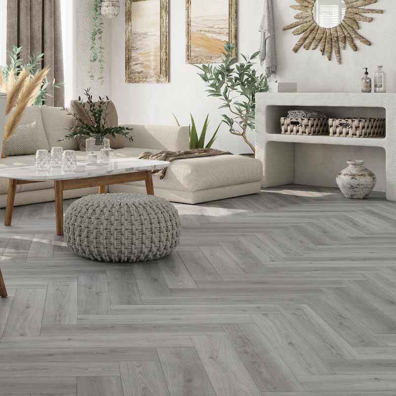 SPC Herringbone Click Flooring (Grey Oak) 5mm + 1mm Underlay Layer  Sold per Sq M - Vinyl Tile - Rigid Core Stone Polymer Composite Waterproof Click Tonge & Groove Luxury Vinyl Tile Flooring Grey Oak
