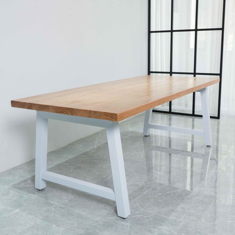 Rustic Solid Wood Industrial Dining Table / Desk / Meeting Table - Chunky Timber / White Steel Legs (A-Frame Legs) - 1.5m (150cm) / 1.8m (180cm) / 2m(200cm) c/w White A-FrameLegs x 2 4-8 Persons - SQUARE EDGE