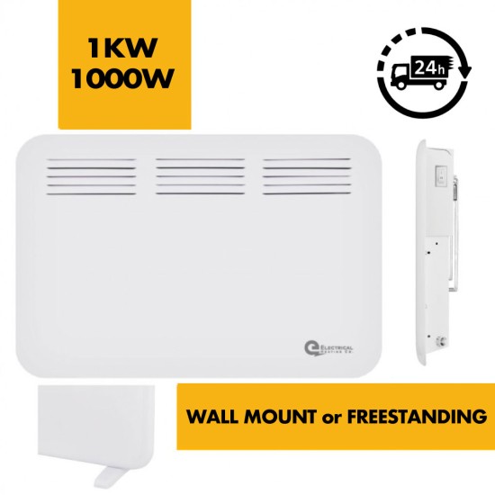 1kw / 1000W Electric Panel Heater Wall Mounted - LOT20/ERP Compliant c/w 24/7 Timer / Thermostat - Wall Hung Fixings + Mounting Feet