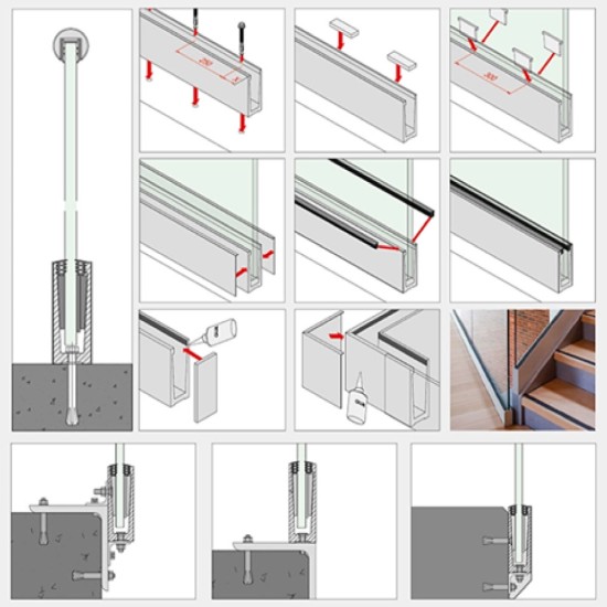 Frameless Glass Balustrade - Aluminium Channel / Extrusion - Sold Per M for Toughened Glass 0.36kN / 0.74kN / 1.5kN 3m Lengths - 1100mm High (Tested to BS6180:2011)