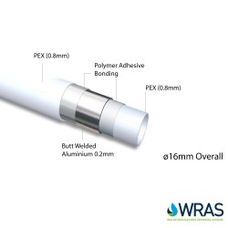 16mm UFH Pipe - PEX Underfloor Heating - PEX-AL-PEX Barrier Pipe 100m, 150m, 200m, 250m, 300m, 400m, 500m coils 2.0mm Wall Thickness Insulated Multi-layer WRAS Approved