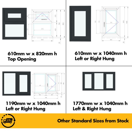 UPVC Window Anthracite Grey - Double 1190mm w x 1040mm h (RAL7016) Left or Right Opening 2P UPVC Window Anthracite Grey - Double 1190mm w x 1040mm h (RAL7016) Left or Right Opening 2P
